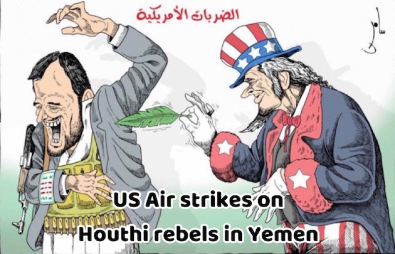 US air strikes on Houthi rebels in Yemen, Cartoon